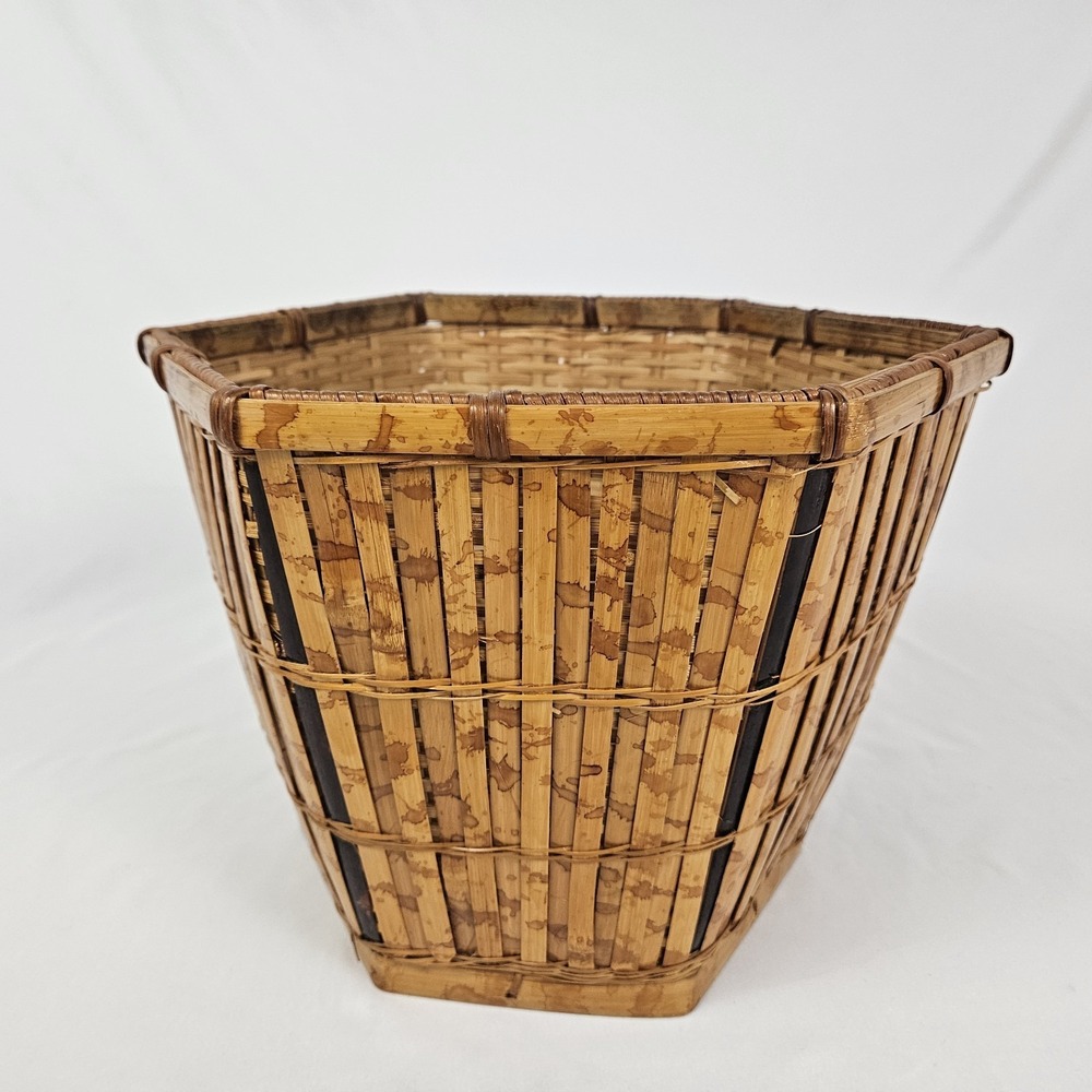 Vintage Tortoiseshell Bamboo Basket Planter Wastepaper Trash Can Boho MCM Rattan - Picture 2 of 10